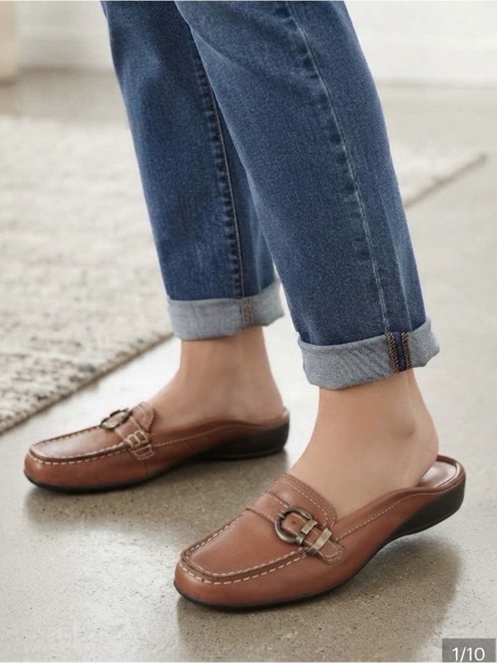 Naturalizer Women's Tan Brown Leather Slip-On Loafers with Buckle Detail Size 8